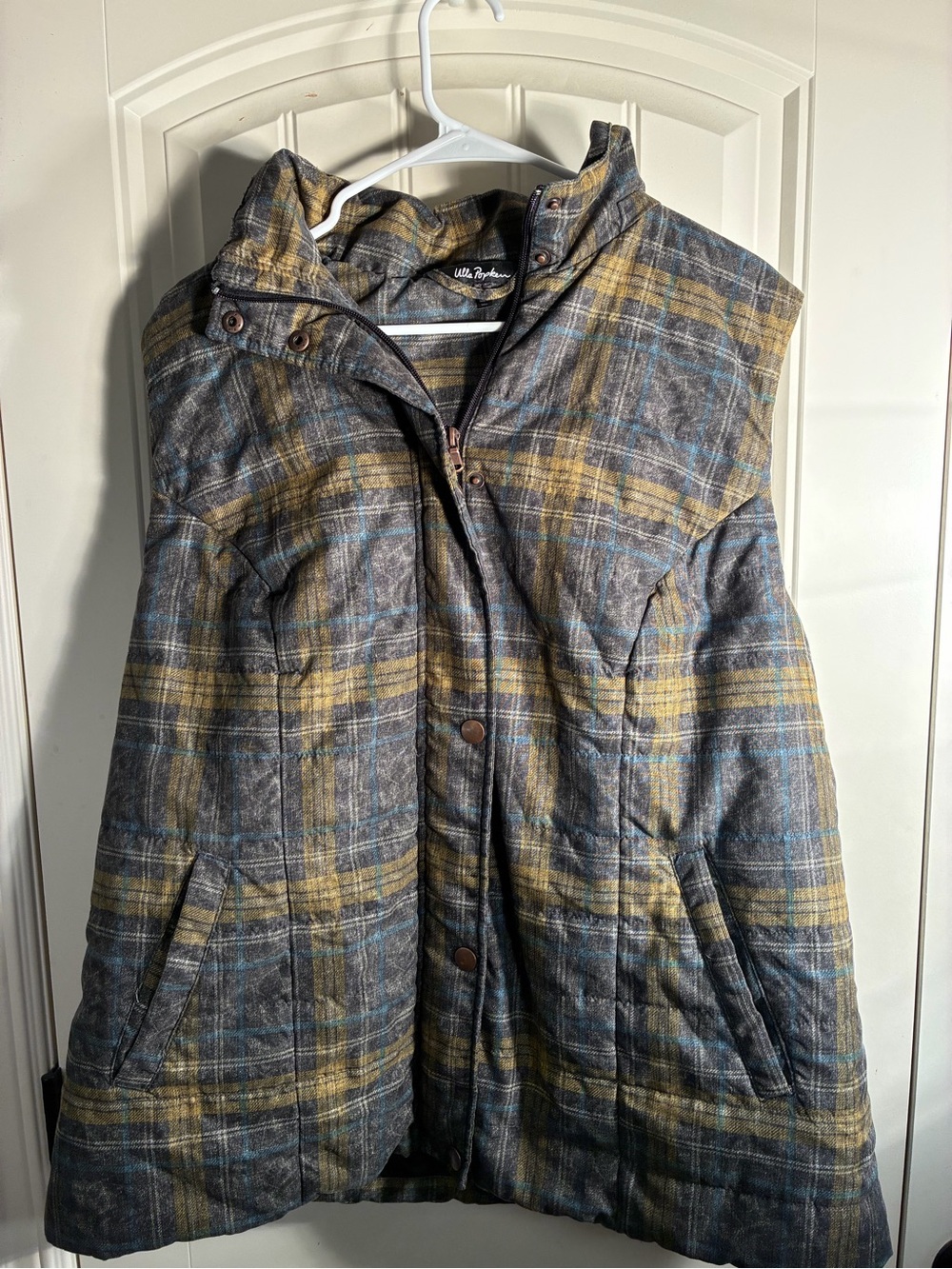 Ulla Popken Blue & Yellow Plaid Quilted Vest with fur hood women’s